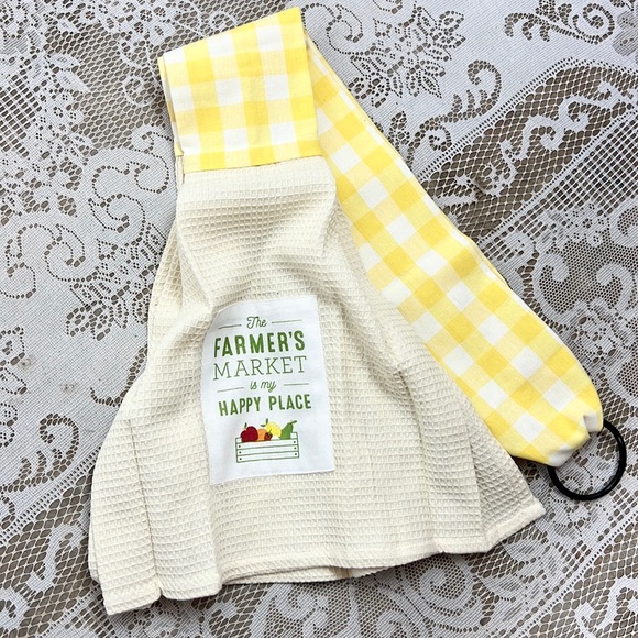 DEMDACO |🍎🍋Farmer’s Market is My Happy Place Yellow Plaid Long Kitchen Towel - Picture 3 of 8